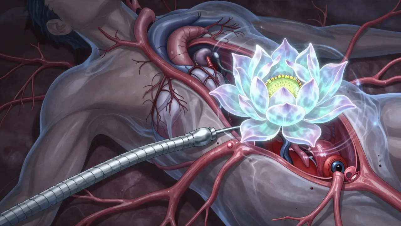 Catheter delivering a blooming replacement valve into a calcified aortic valve, with transparent body and energy ripples.