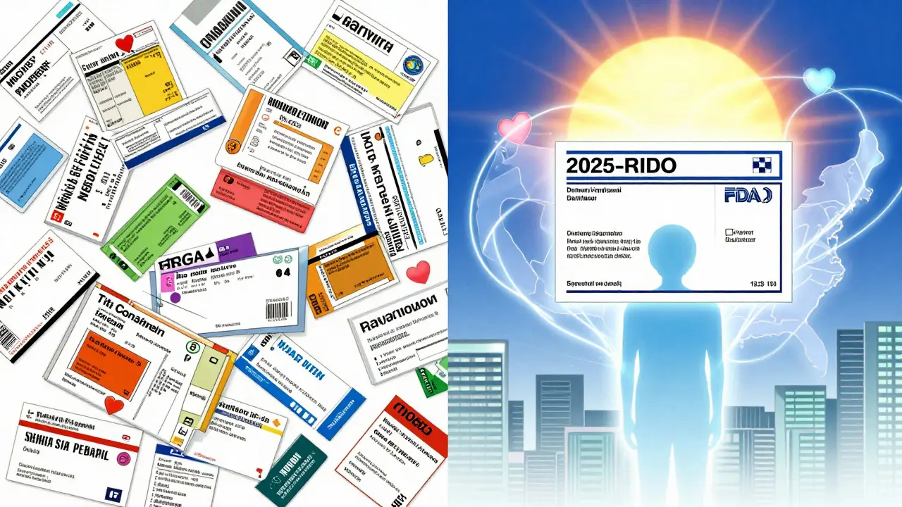 Chaotic mix of old prescription labels vs. a single standardized 2025 FDA label with glowing icons.