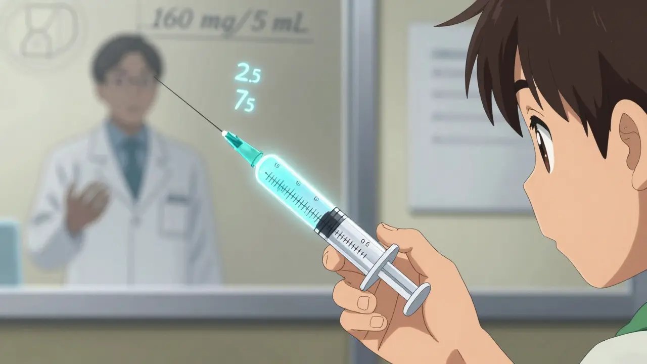 Child using a graduated syringe to measure 2.5 mL of medicine, with floating concentration numbers.