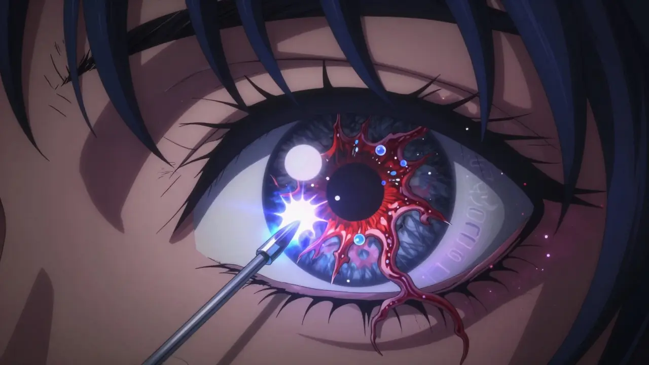 Close-up of eye receiving anti-VEGF injection with glowing molecules dissolving abnormal blood vessels.