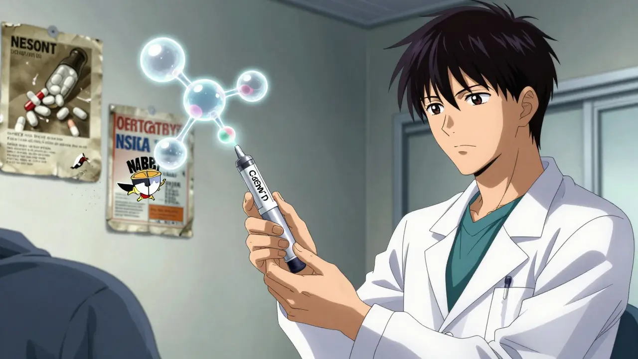 Doctor handing a CGRP injection pen as outdated drugs disintegrate in the background.