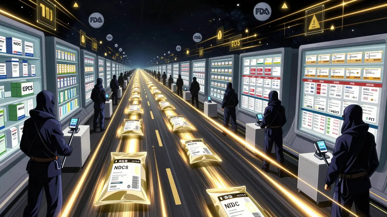 Drug packages speed along a digital supply chain highway, connected by glowing data lines between manufacturers and pharmacies.