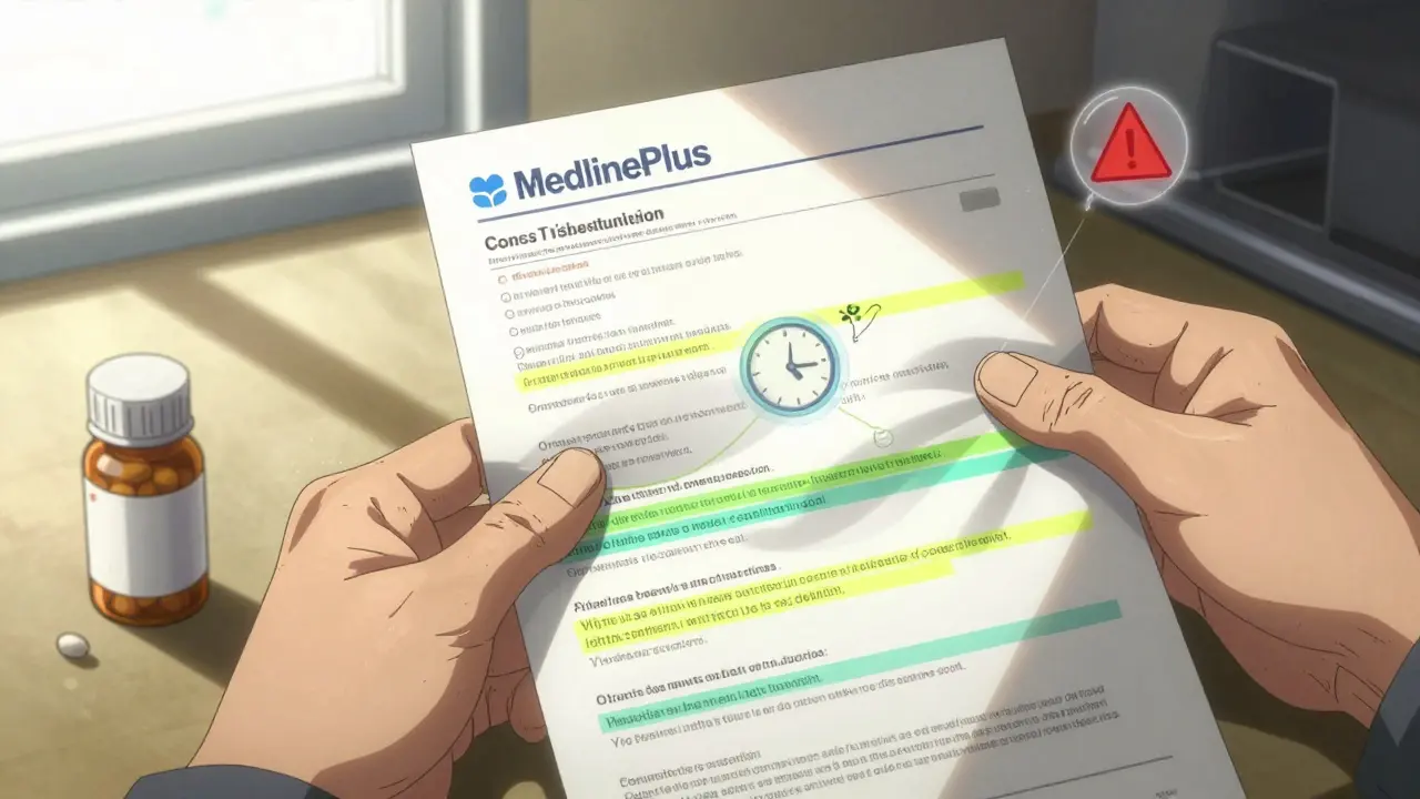 Elderly hand holding printed MedlinePlus summary next to pill bottle, sunlight streaming in.