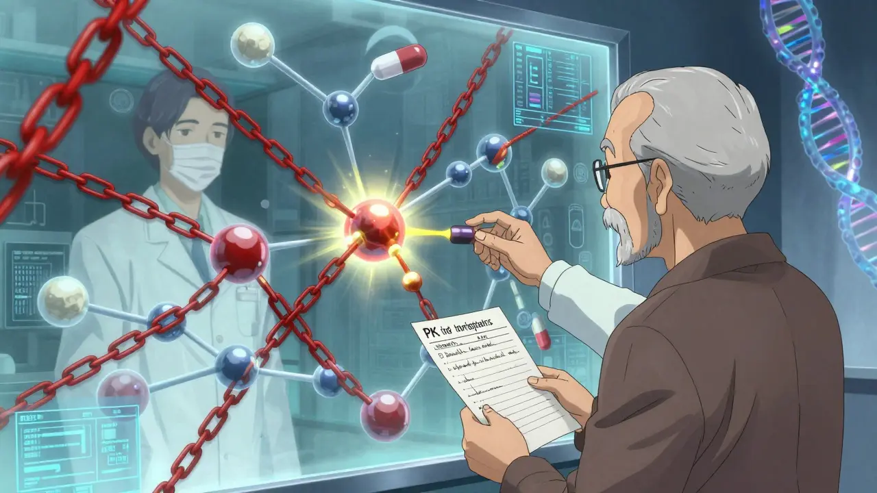 Elderly patient facing a wall of interacting drugs, pharmacist removing a dangerous combo.