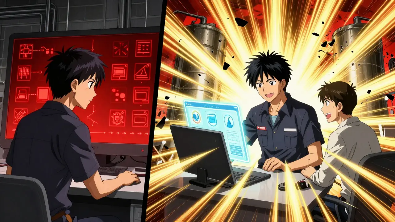 Factory worker transforms from overwhelmed to empowered as disconnected systems merge into collaborative harmony.