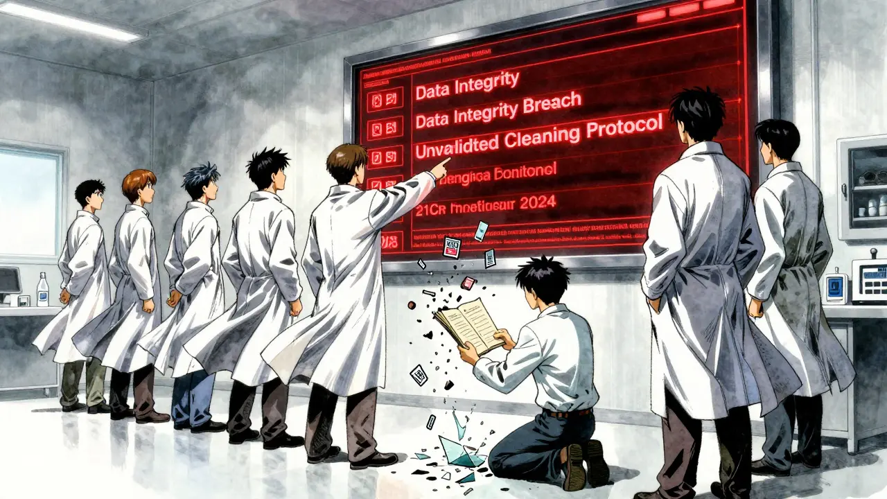 FDA inspectors confronting a manufacturer as digital violations flood the room, paper logs dissolving.