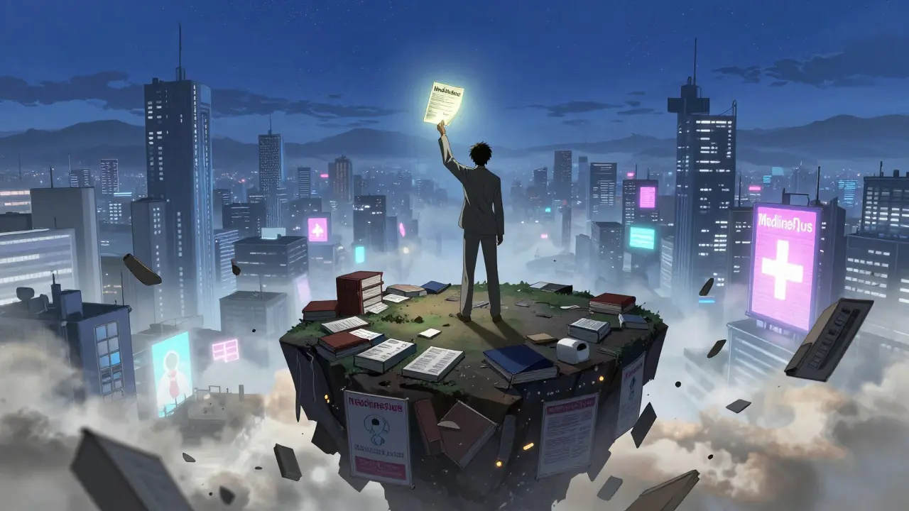 Figure holding glowing MedlinePlus page as corporate ads crumble below, symbolizing truth.