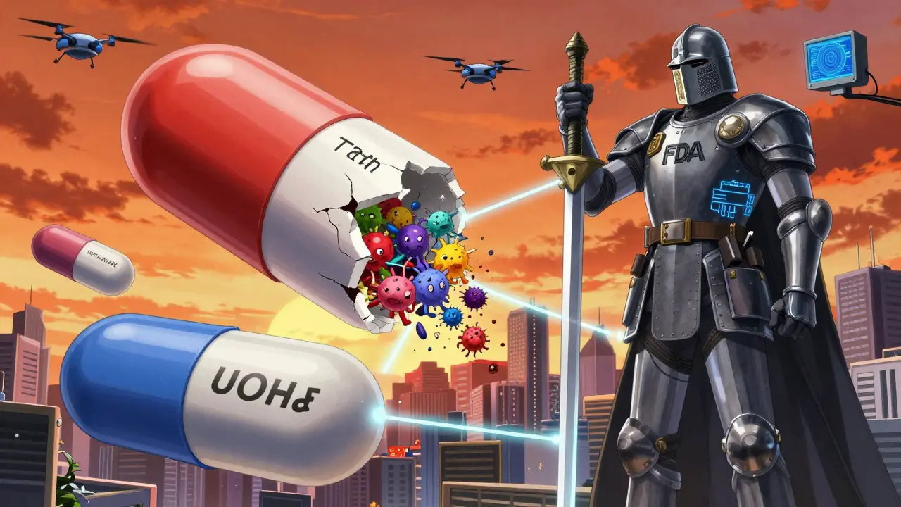 Giant generic pills above a city, one cracked open revealing contaminants, guarded by an FDA sentinel.