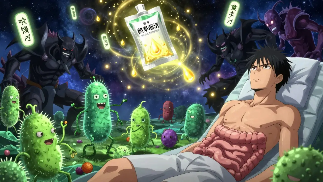 Internal gut battlefield with beneficial bacteria fighting infection, rehydration packet glowing as a lifeline.