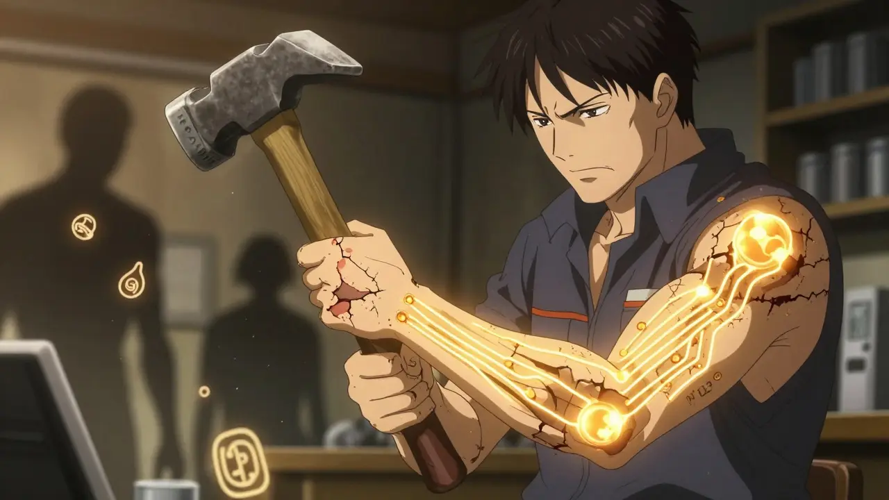 Man’s hands transforming from cracked to smooth while gripping a hammer, psoriasis symptoms dissolving around him.