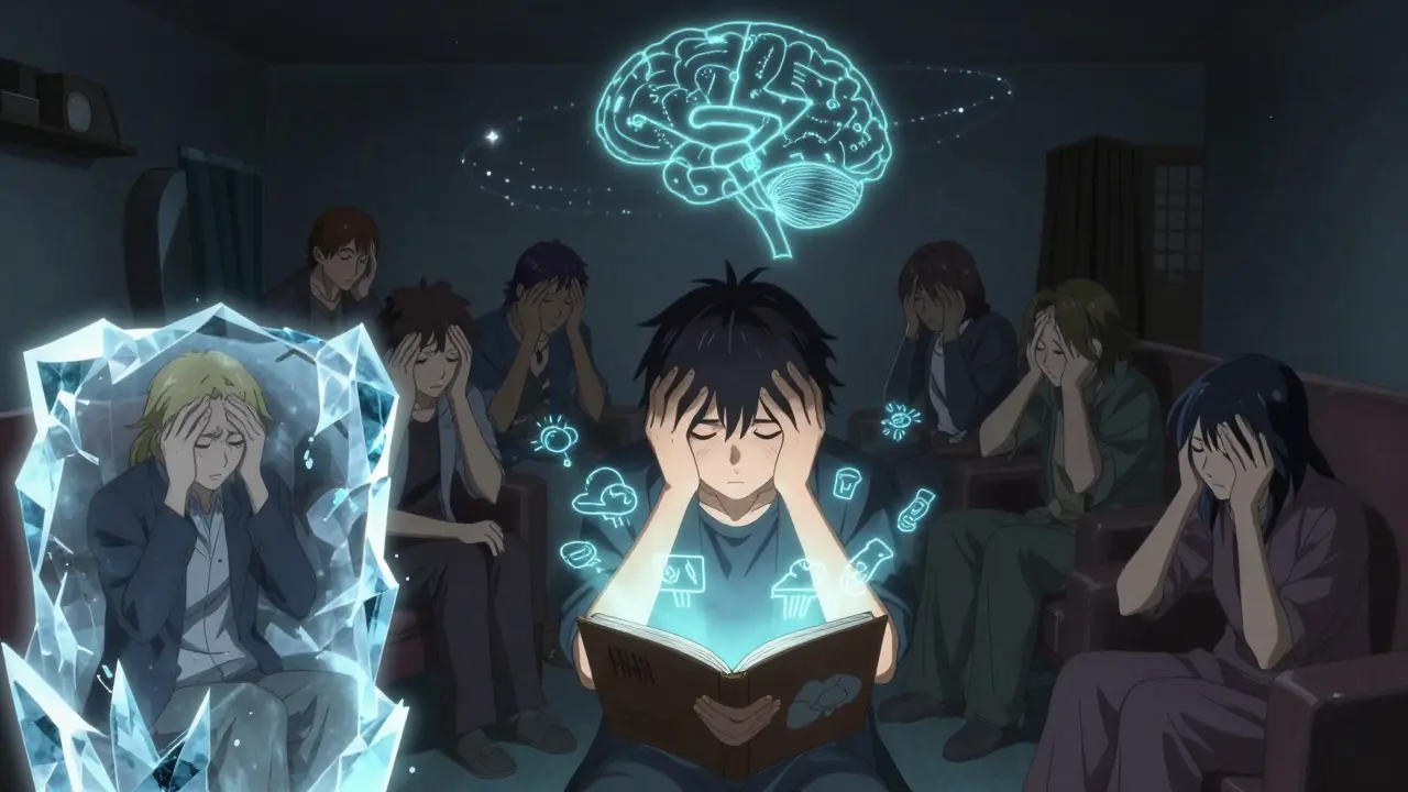 Migraine sufferers in a quiet room with personal healing barriers and a glowing symptom diary.