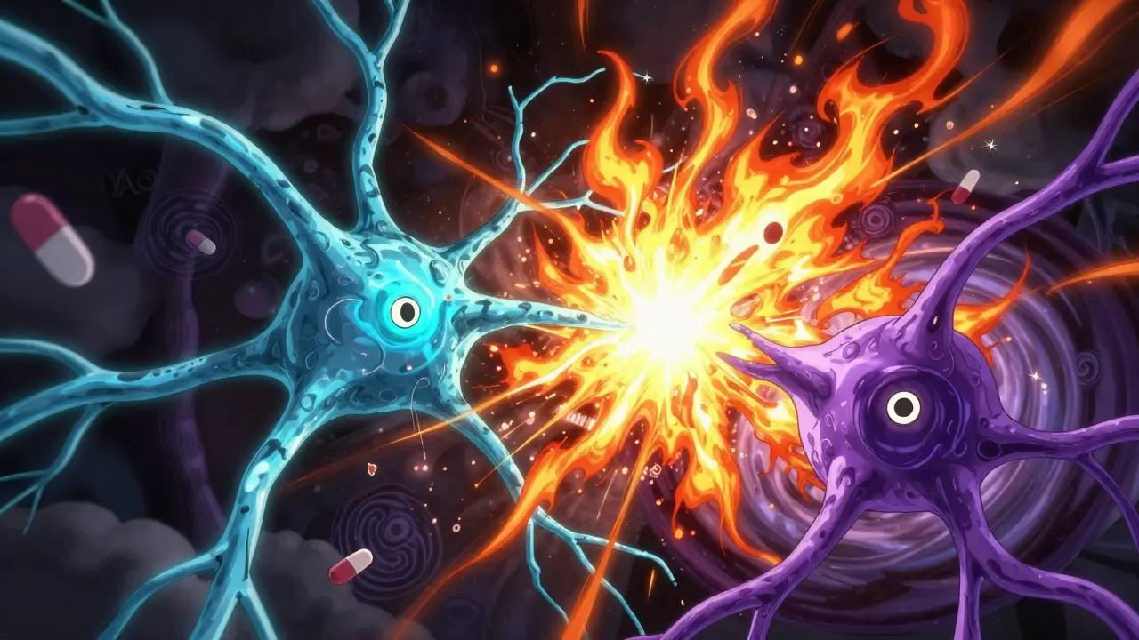 Neural synapses colliding in a serotonin storm with fever flames and rigid muscle tendrils.