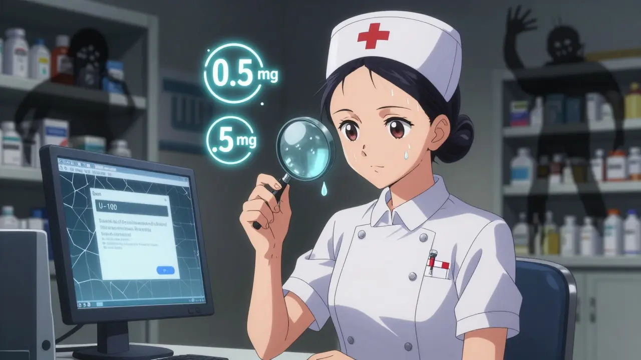 Nurse examining insulin vial with magnifying glass, glowing dosage numbers floating in air.