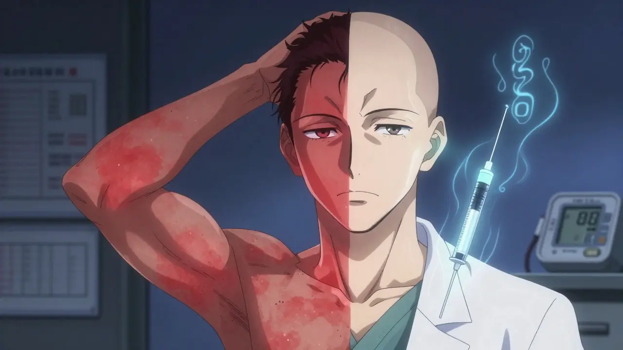 Patient’s body split between inflamed psoriasis and smooth skin, with biologic treatment emitting blue energy.