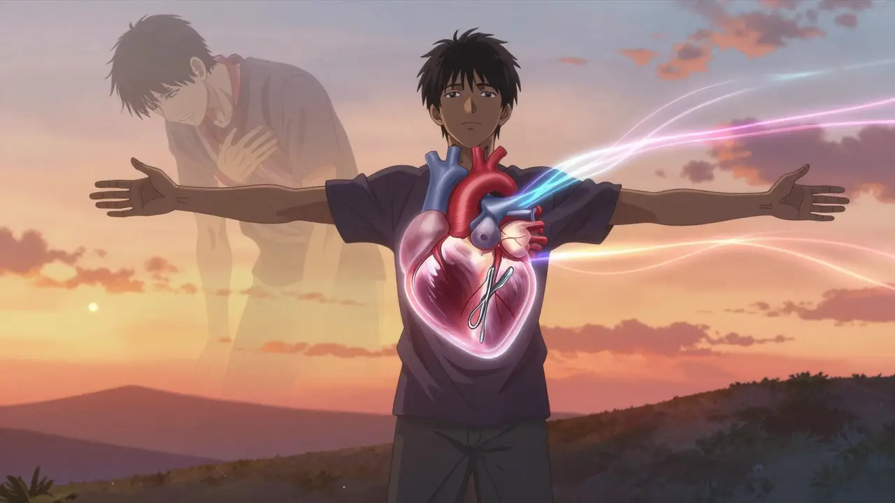 Patient standing at sunset with heart overlay showing a dragonfly-shaped MitraClip, fading ghostly images of past fatigue.