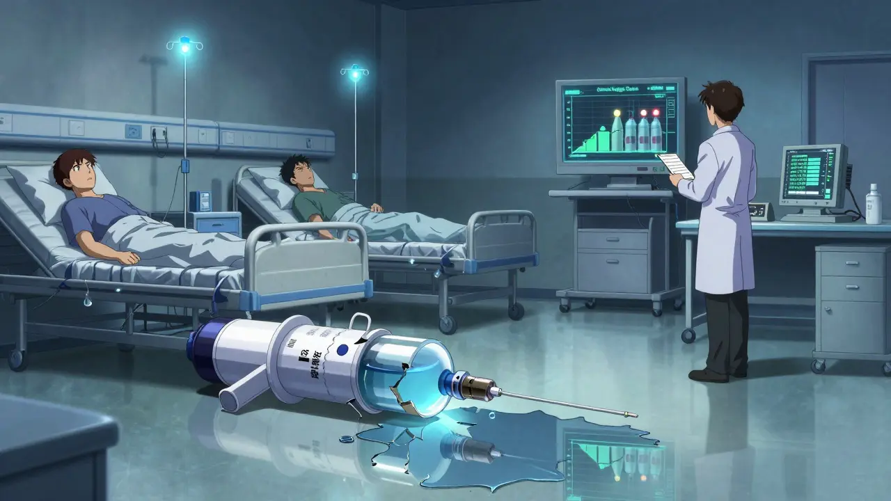 Patients in a hospital ward face empty prescriptions as a supply chain graph collapses behind them.