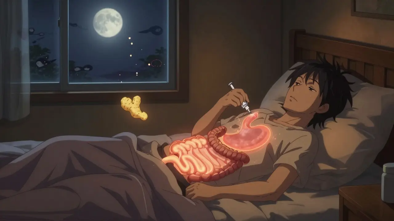 Person injecting GLP-1 at night, ginger floating nearby, digestive tract glowing slowly.