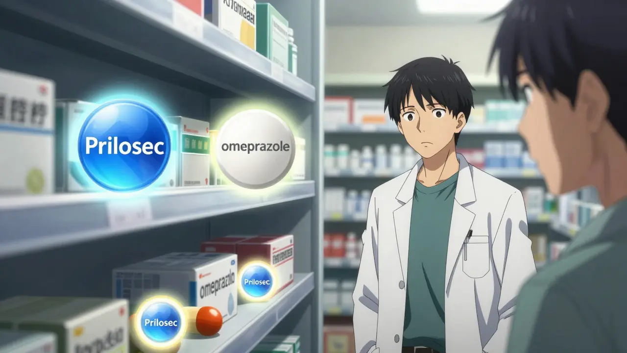 Pharmacist beside pills of different shapes but same active ingredient, energy auras visible.