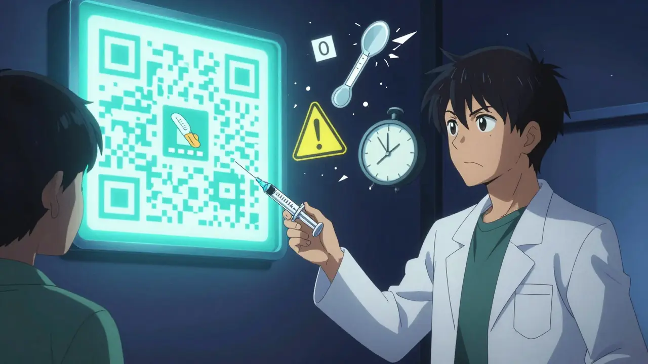 Pharmacist giving a free oral syringe to a parent, QR code above displaying dose instructions.