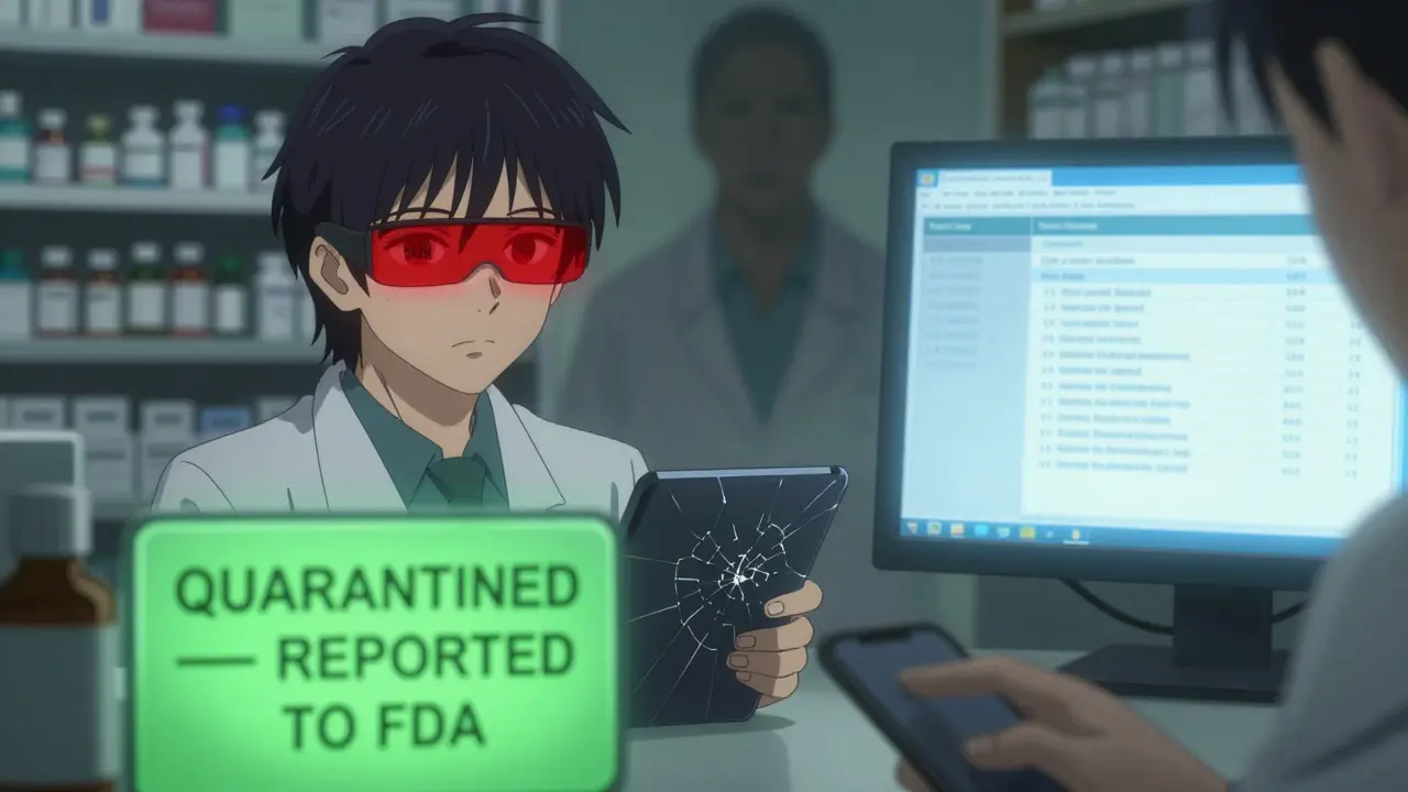 Pharmacist sees a red-flagged drug bottle through AR glasses, while a green FDA report notification pulses beside them.