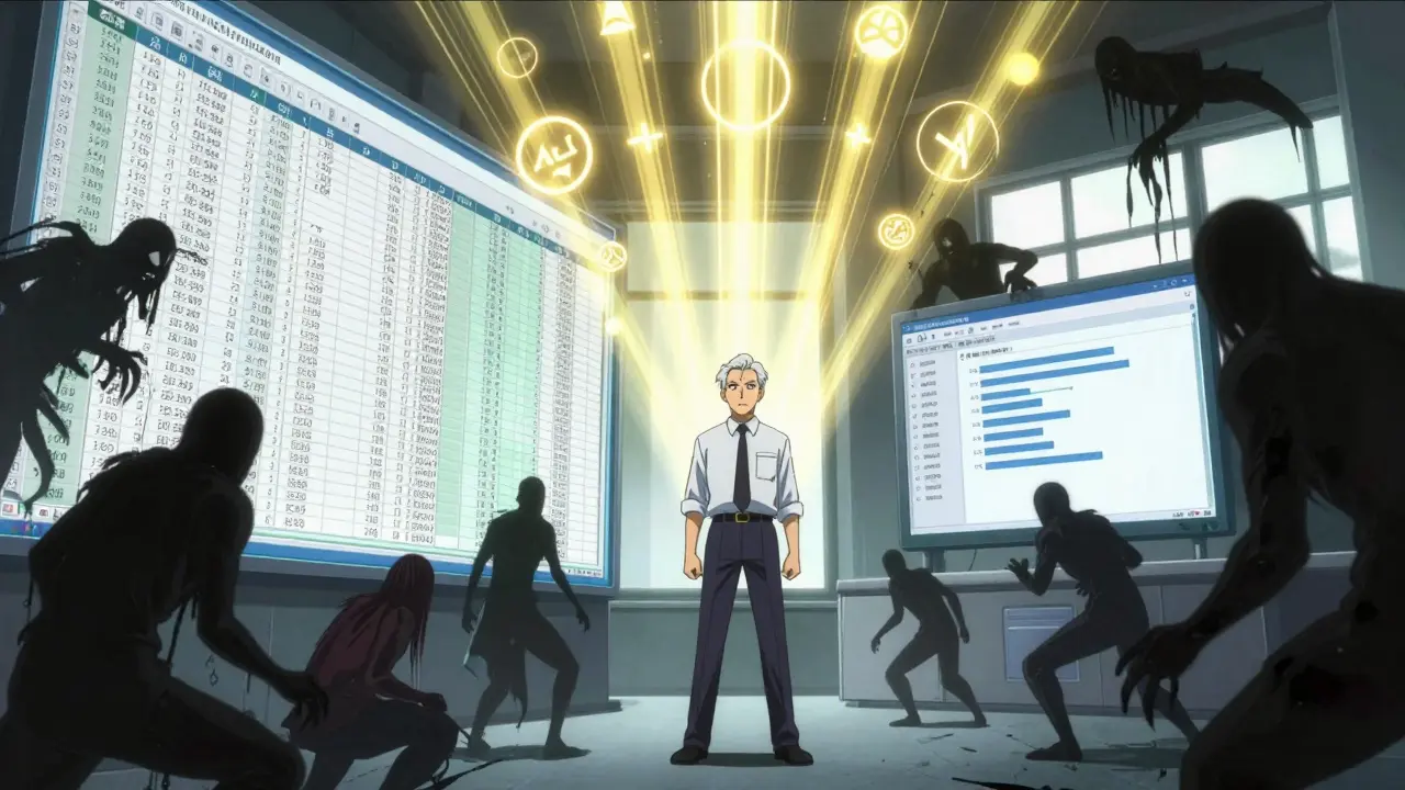 QA officer confronting corrupted data spirits under glowing ALCOA+ symbols in a digital control room.