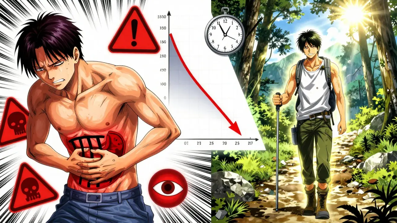 Split image: one side shows stomach pain with warning signs, other side shows person hiking, healthy and strong.