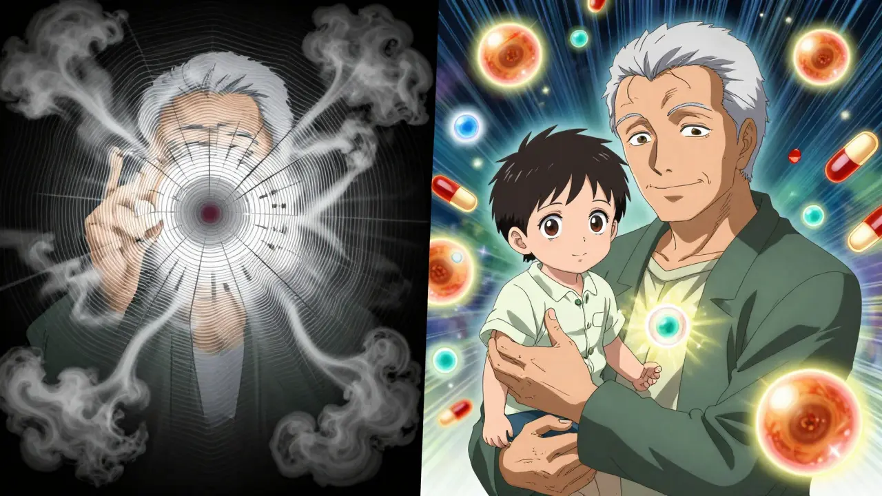 Split scene: distorted Amsler grid vs. clear view of grandchild’s face after treatment.