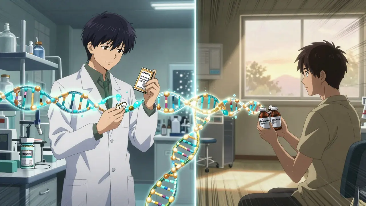 Split scene of brand and generic pill production connected by molecular chains.