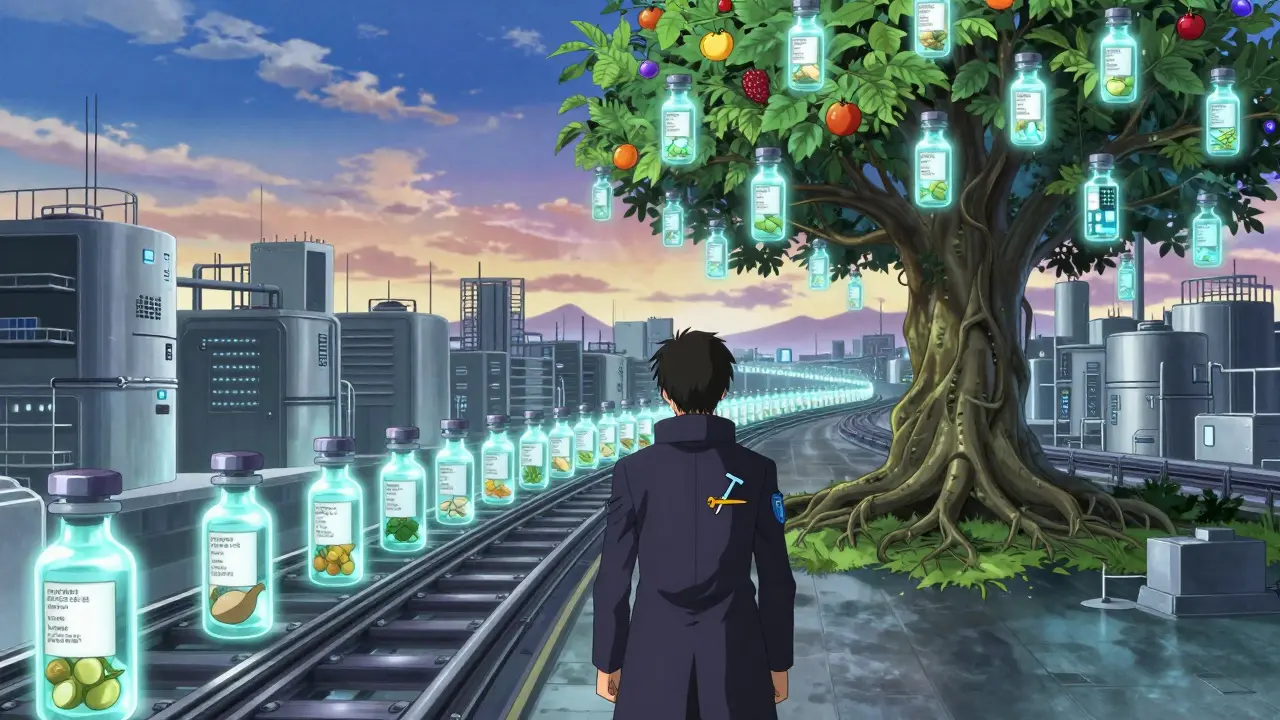 Supply chain corridor with glowing vials and blockchain tags, inspected by a figure before a digital tree of verified batches.