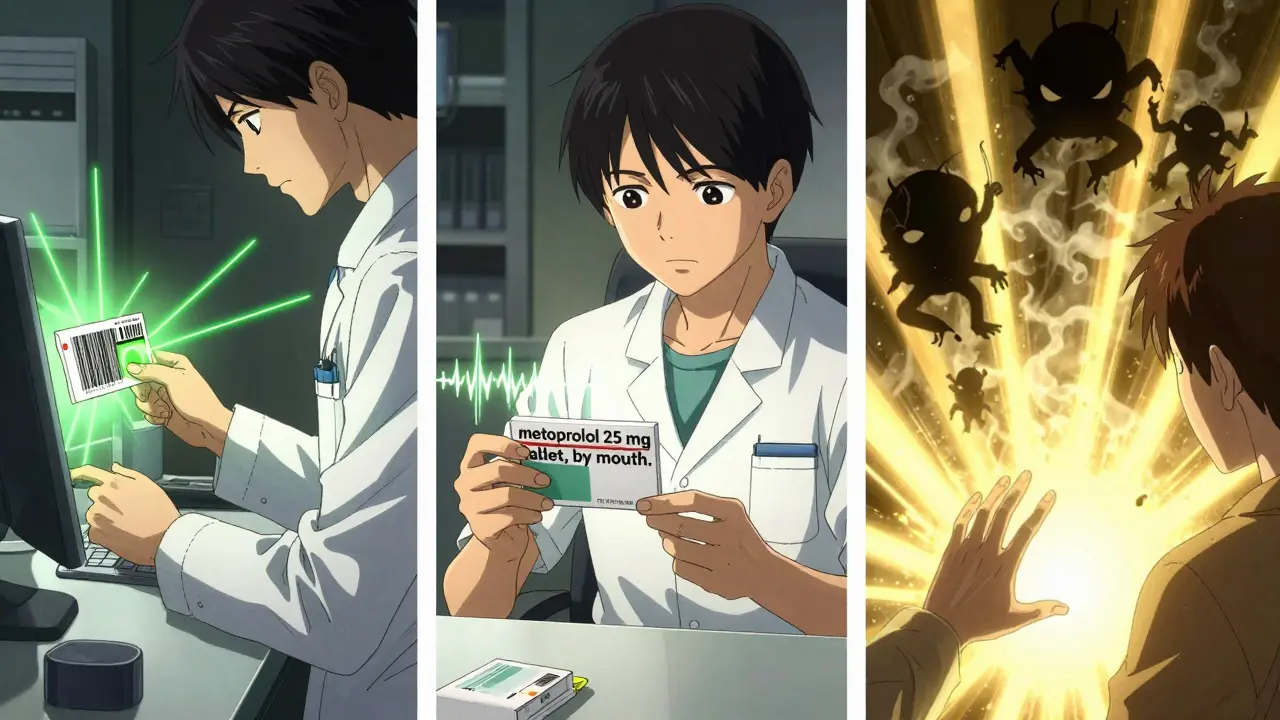 Three-panel scene showing medication verification process with glowing light protecting the patient.