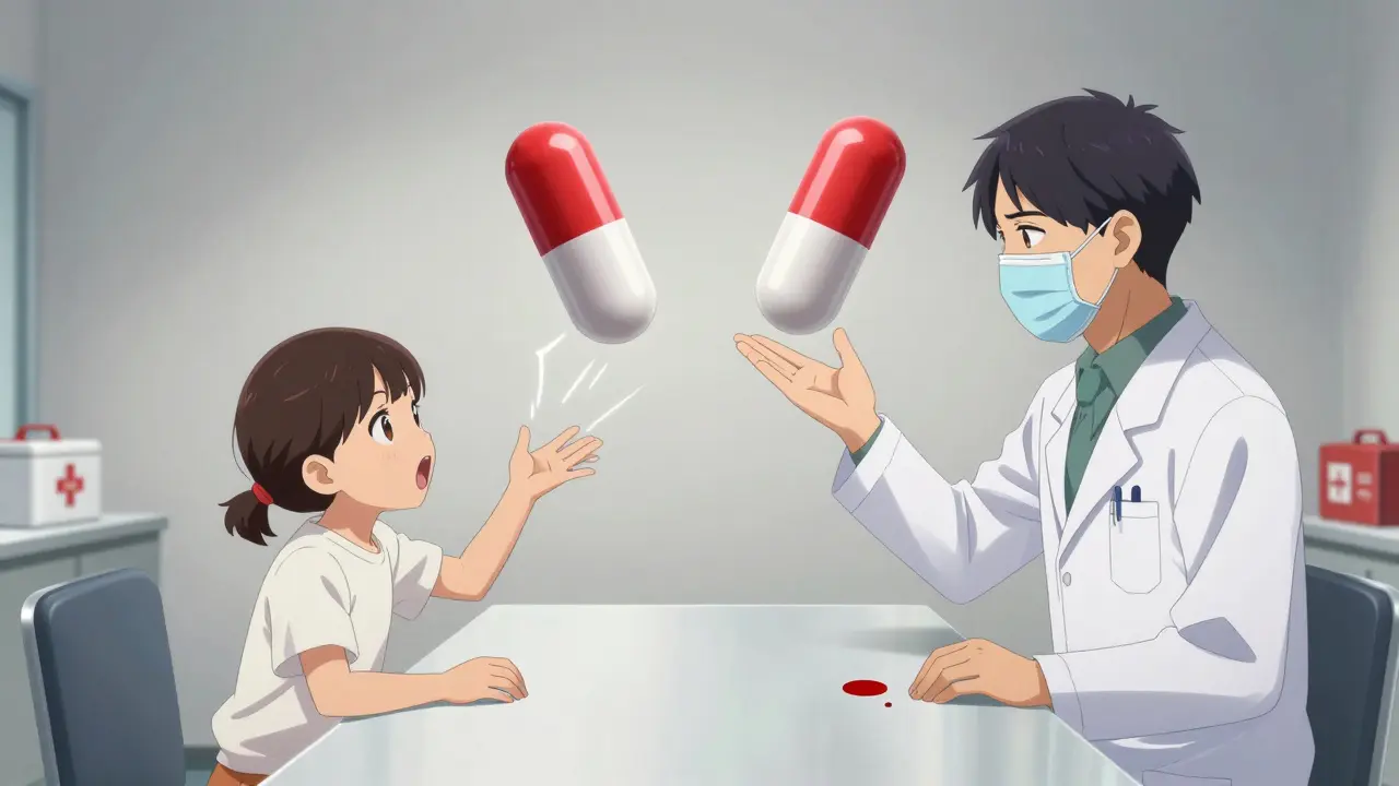 A child and doctor reach for two identical capsules in a sterile room, symbolizing a double-blind food challenge.