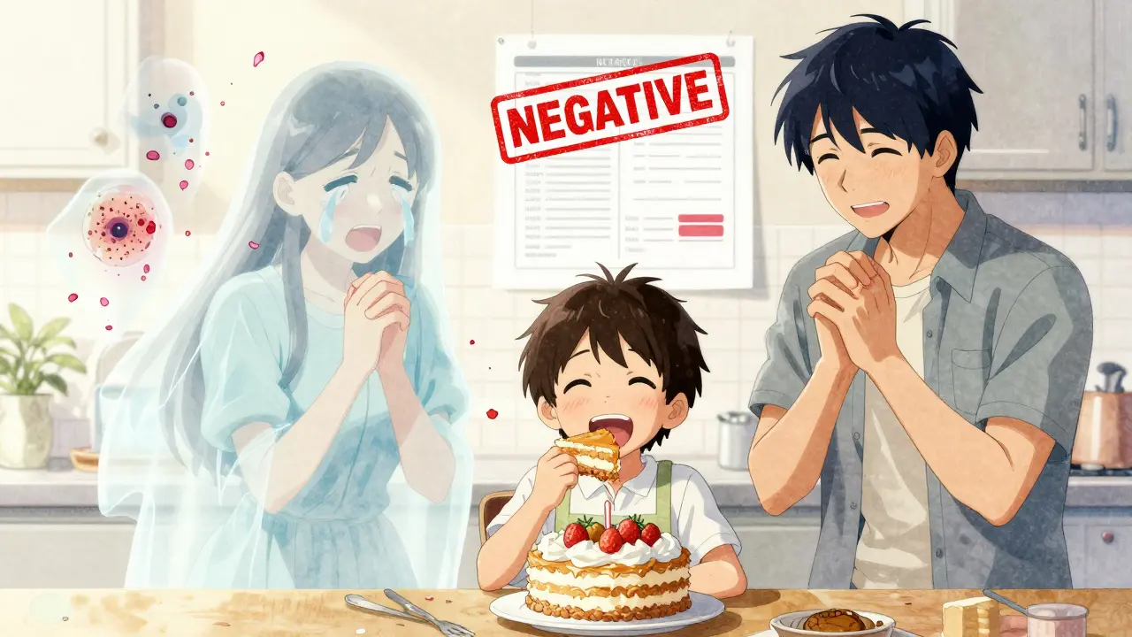 A child eats cake happily after a successful food challenge, with fading images of past fears dissolving around them.