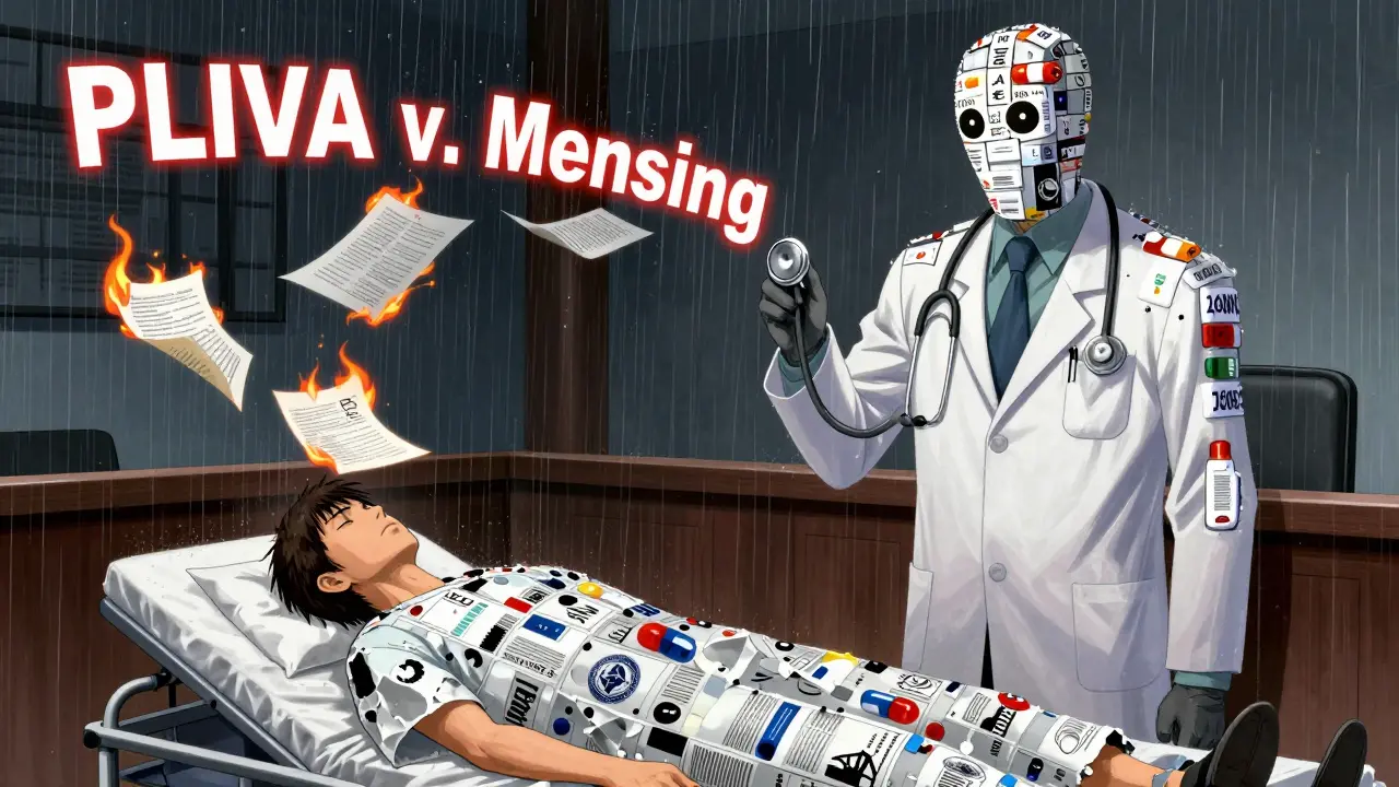 A courtroom scene with a doctor facing a giant figure made of generic drug labels, while a patient's injured body lies below with legal documents burning.