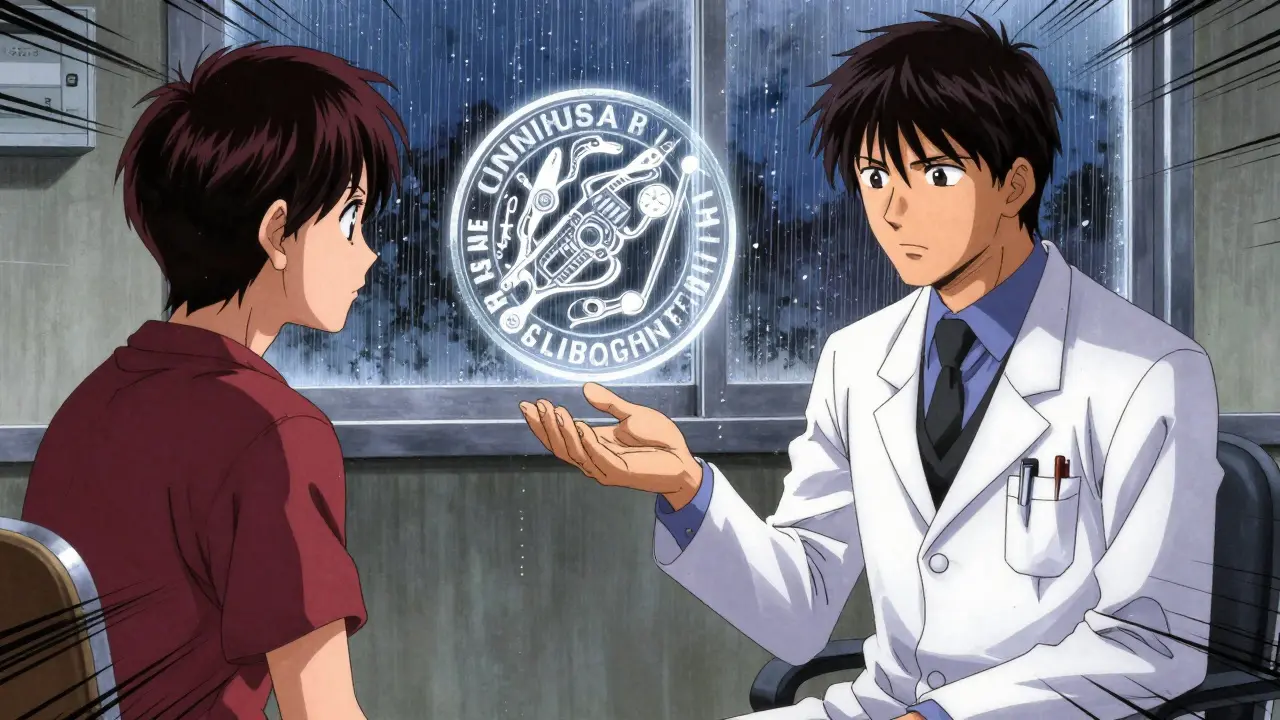 A doctor and patient facing each other with a floating black box warning between them in a clinic.