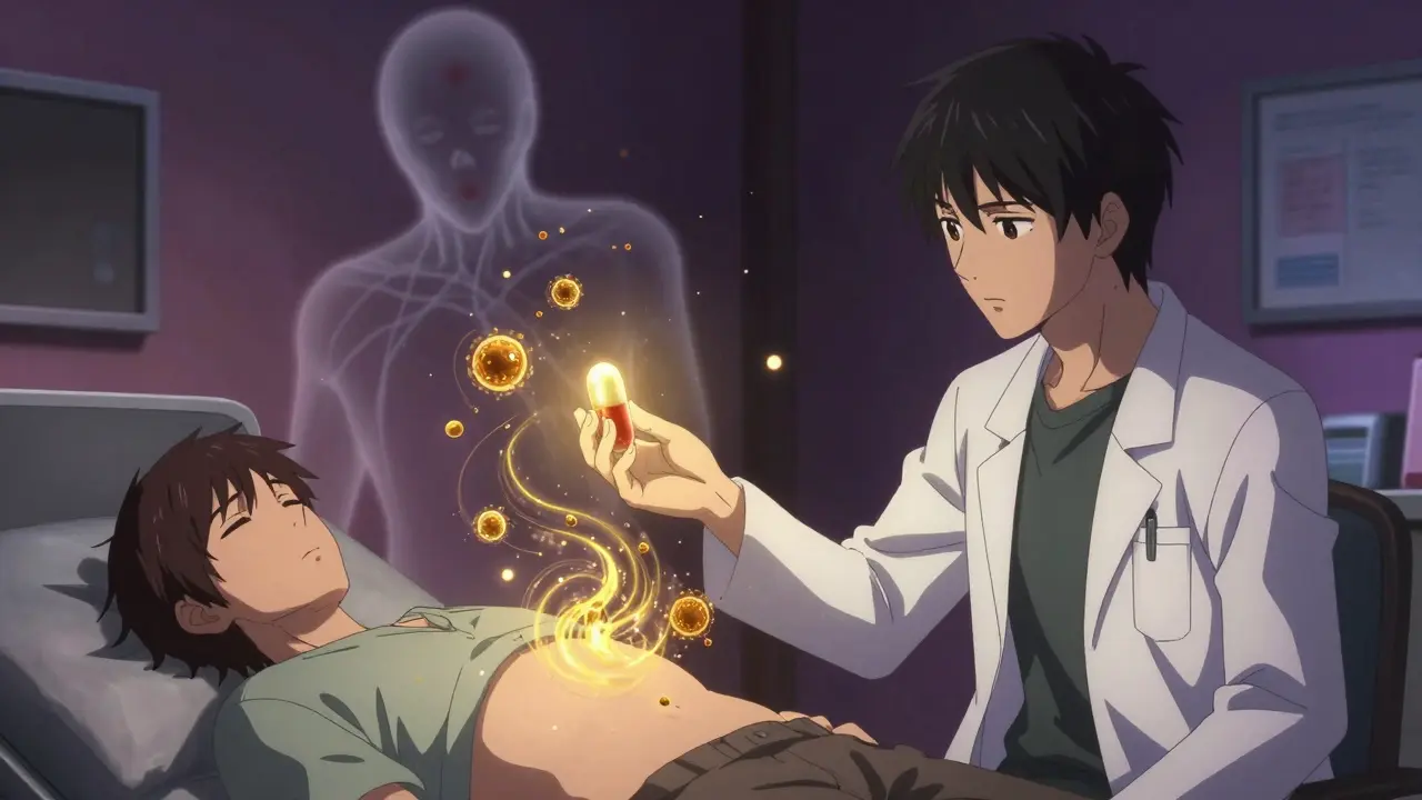 A doctor gives a glowing microbiome capsule to a tired patient.