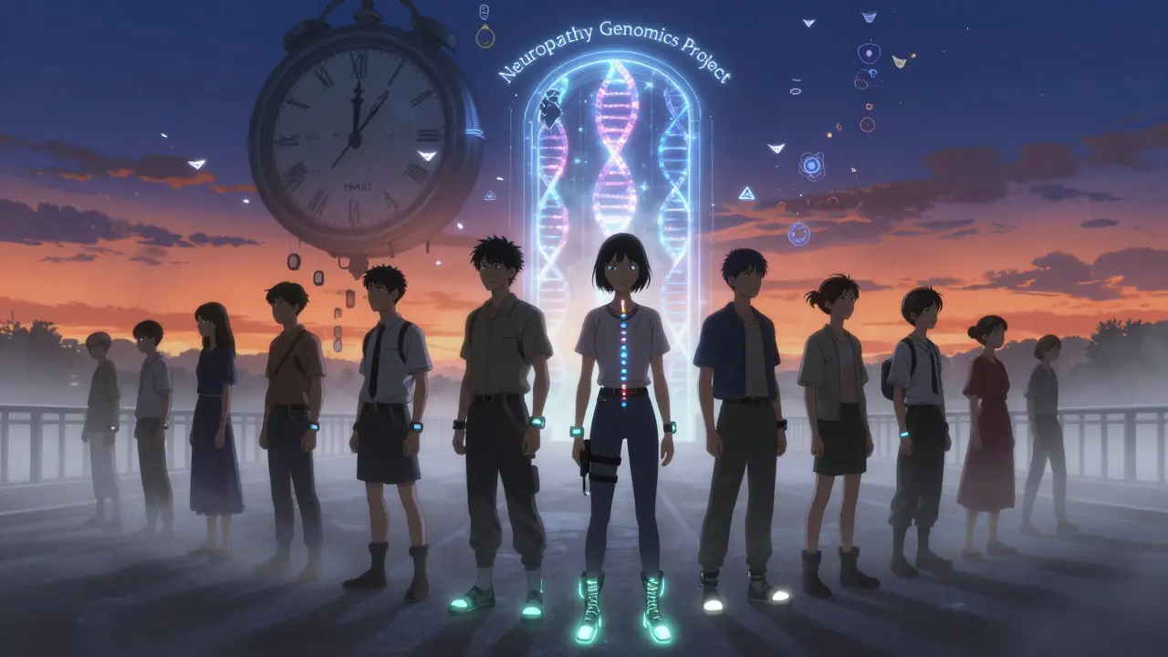 A group of people walking across a foggy bridge, each wearing nerve therapy devices, heading toward a glowing scientific portal.