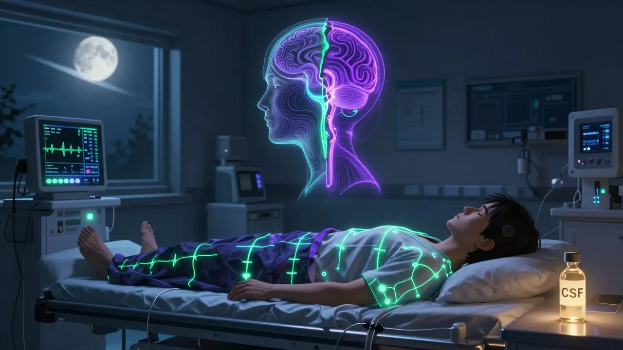 A patient in a sleep lab with glowing sensors and spectral consciousness torn between wakefulness and REM sleep.