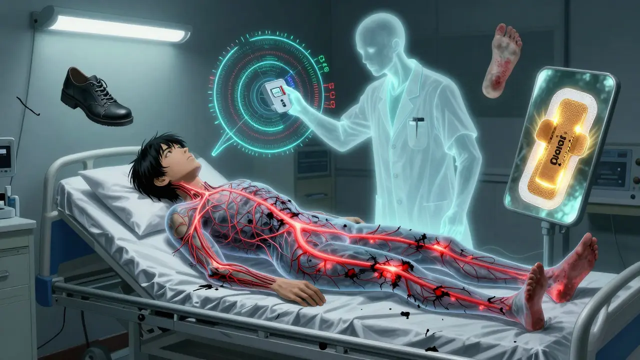 A patient on a hospital bed with transparent, frayed nerves glowing red, surrounded by floating medical symbols.