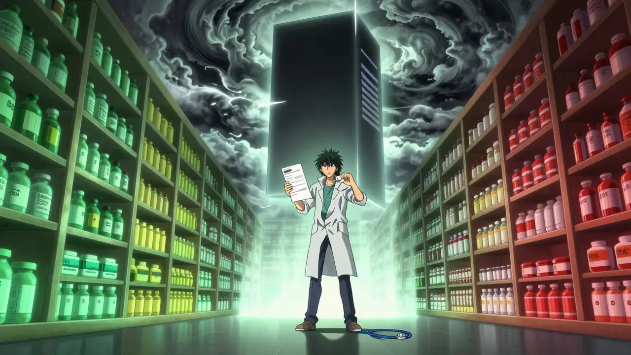 A patient standing before a towering black box warning monolith in a library of colored drug shelves.