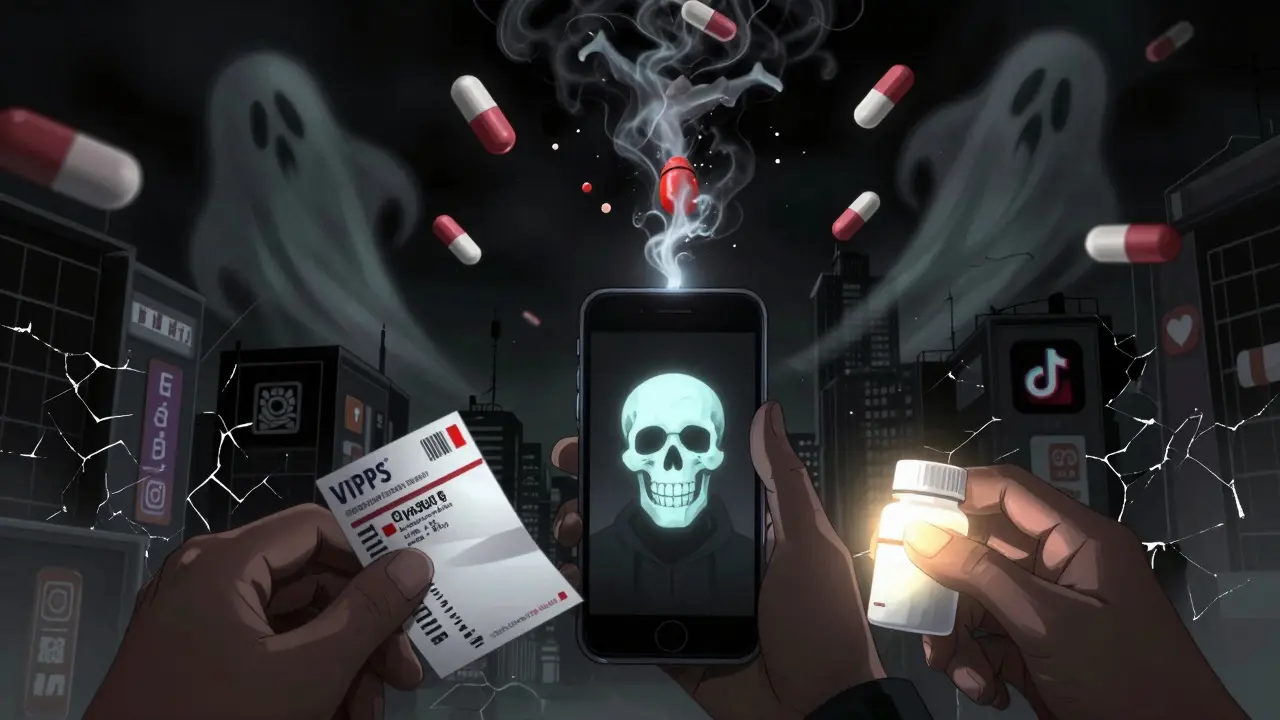 A young adult staring at a fake pill on a phone, surrounded by ghostly counterfeit drugs, with a real VIPPS-labeled prescription glowing in foreground.
