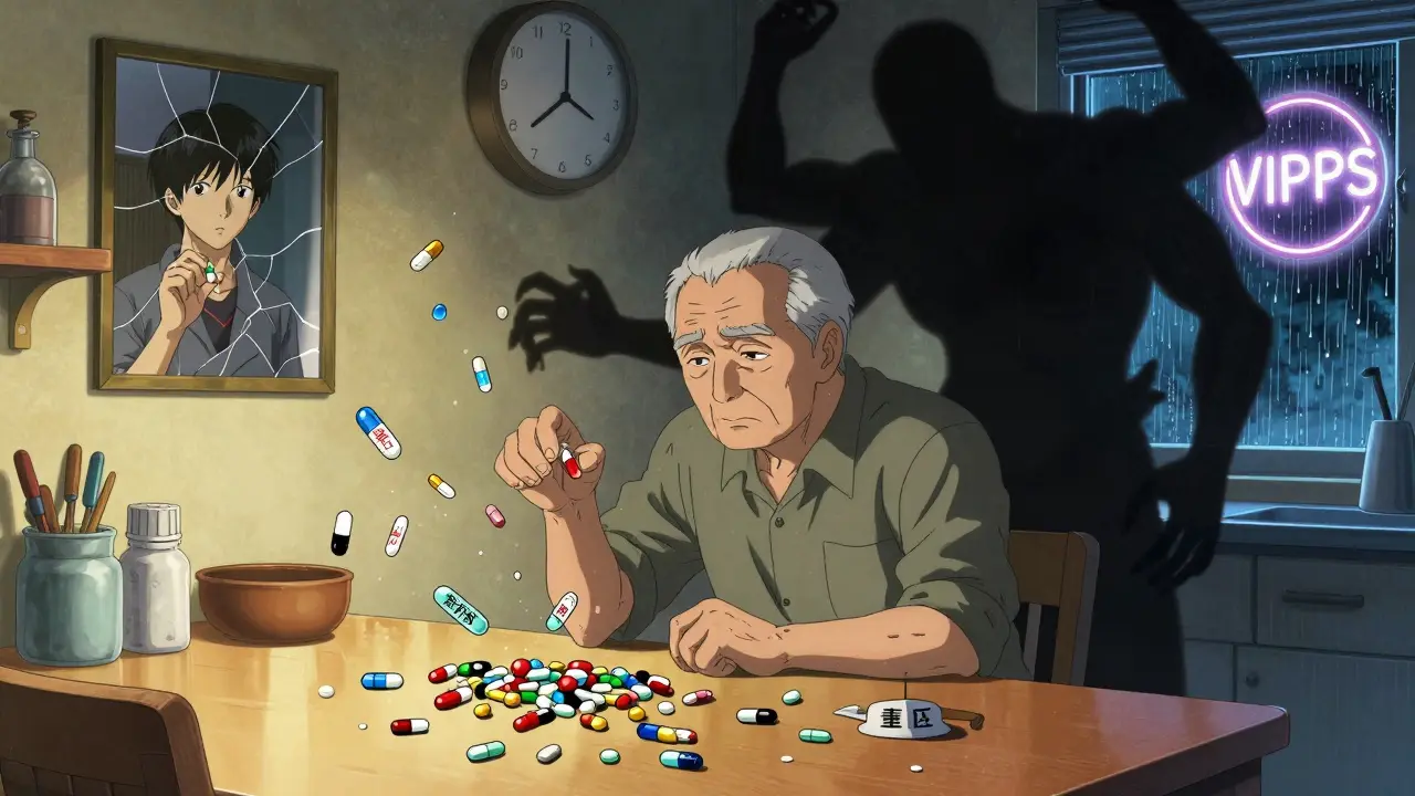 An elderly man surrounded by floating pills, his shadow forming a monstrous figure, with a VIPPS seal visible through a window.