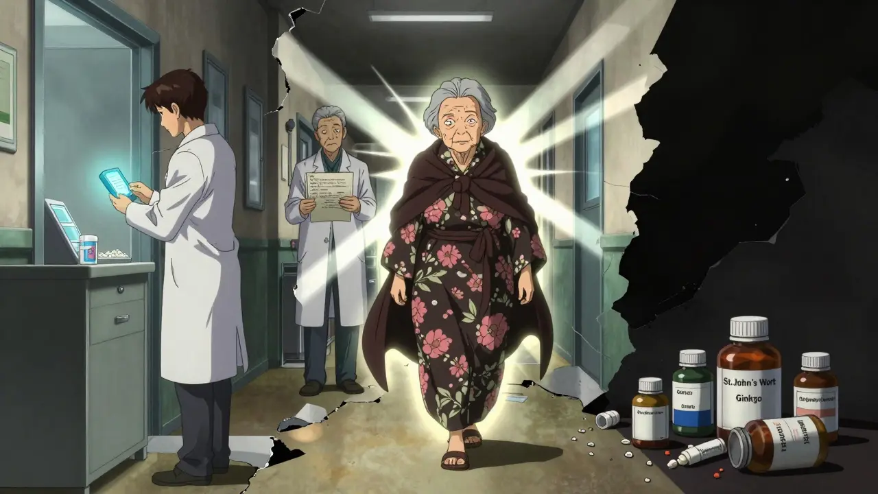 An elderly woman walking forward as dangerous drug interactions are severed by light beams, in Tite Kubo anime style.