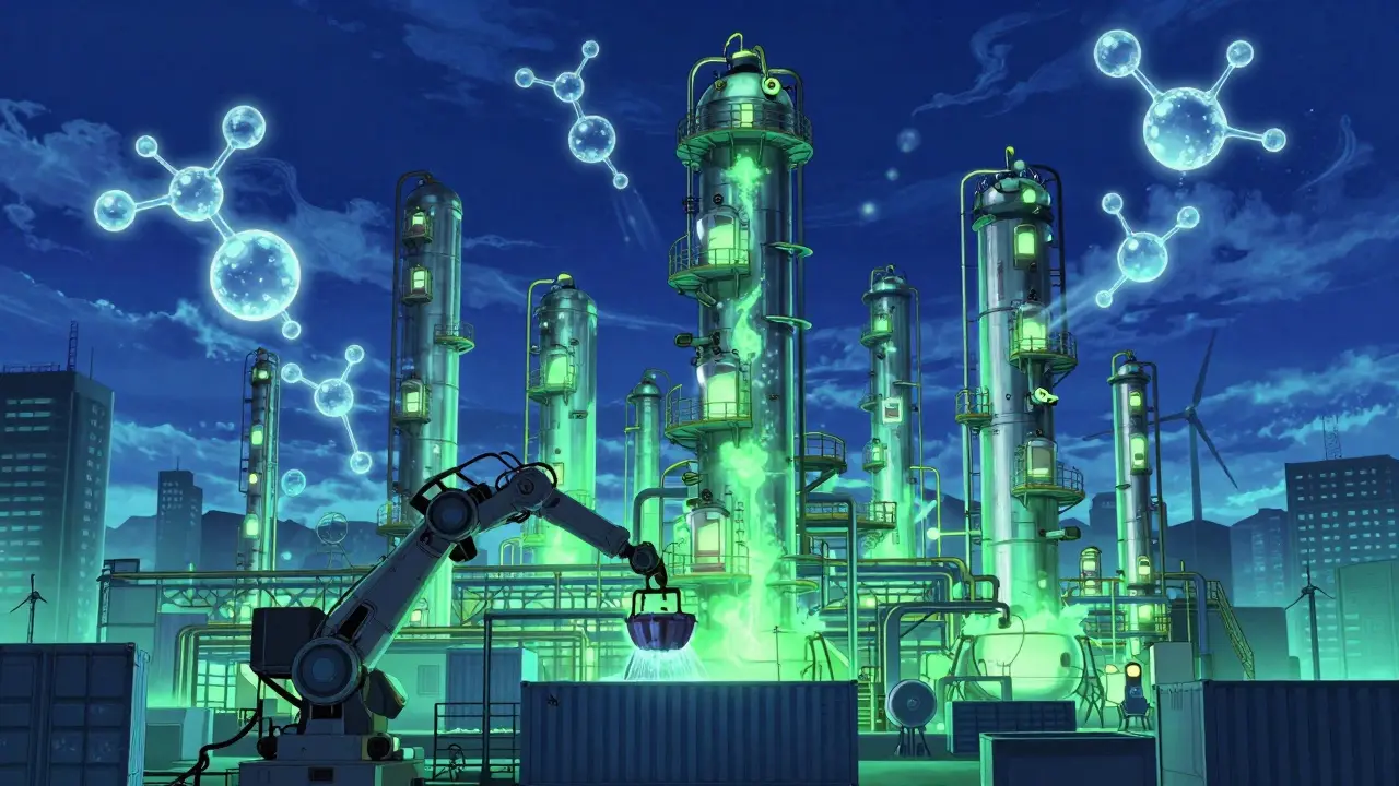 Chinese API refinery with luminous chemical vats and robotic arms under a smoggy dawn