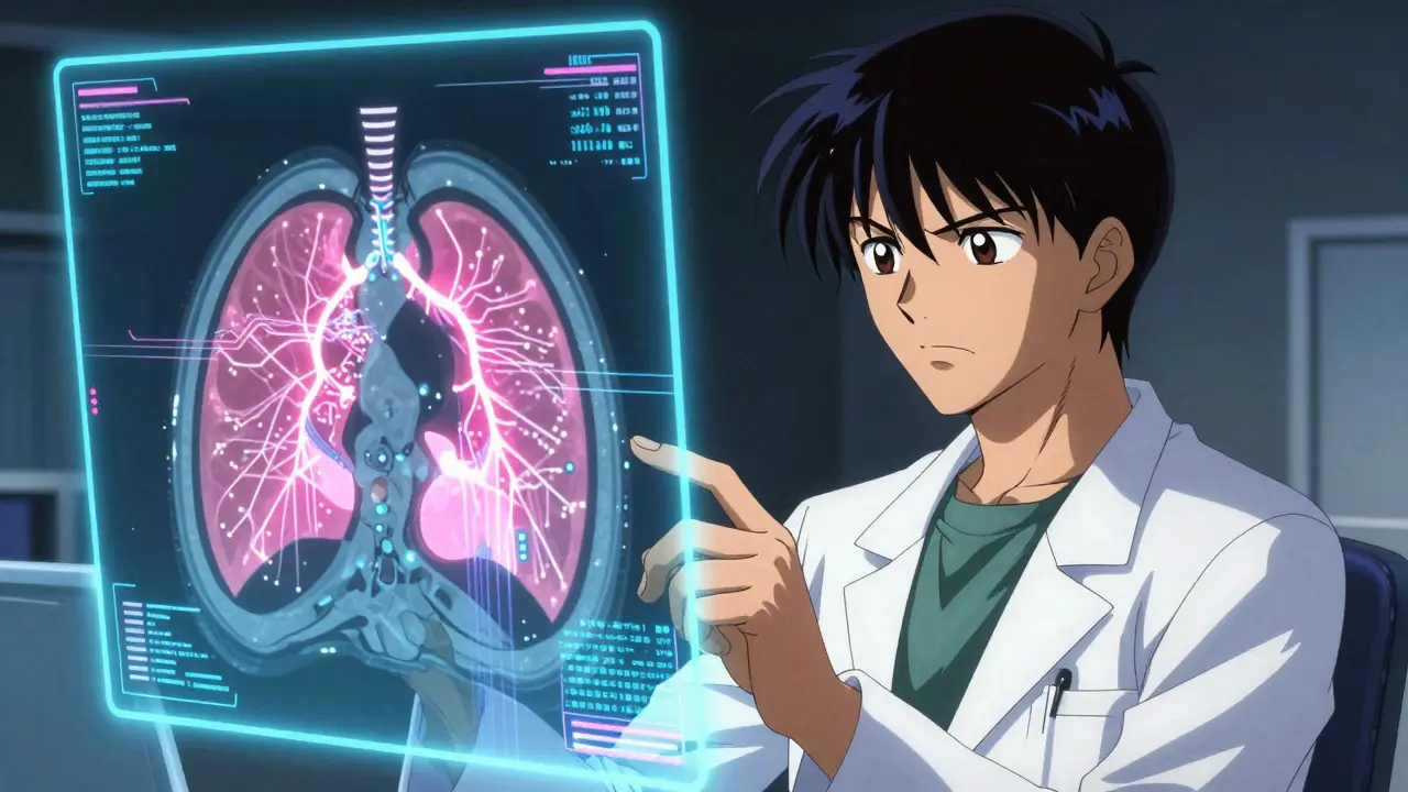 Doctor reviewing lung CT scan with AI-enhanced data visualization