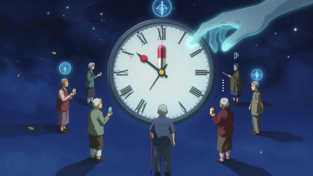 Five seniors stand around a floating pill-shaped clock, with medical emblems glowing above them in anime style.