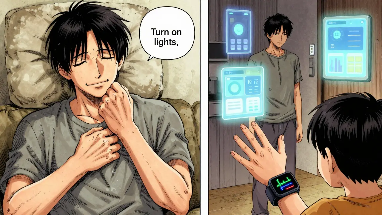 Man using voice commands to control smart home, wearable device tracking his health data.