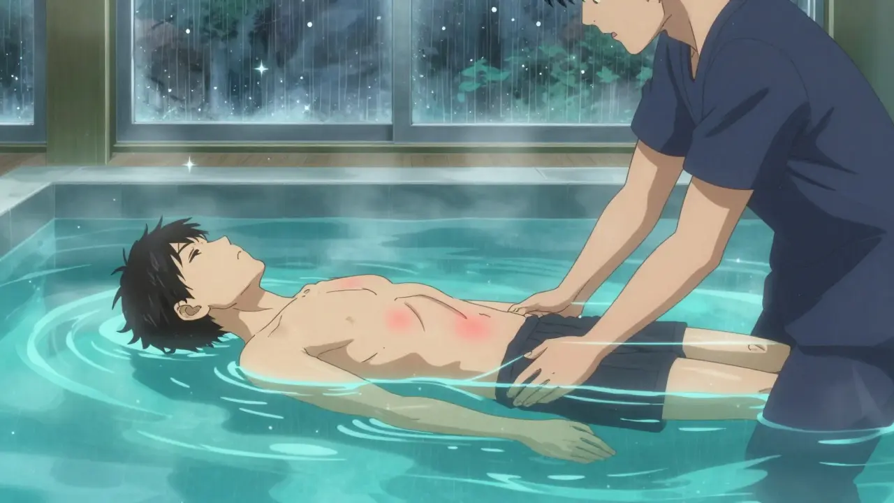 Patient in warm hydrotherapy pool, therapist guiding movement with glowing energy lines.