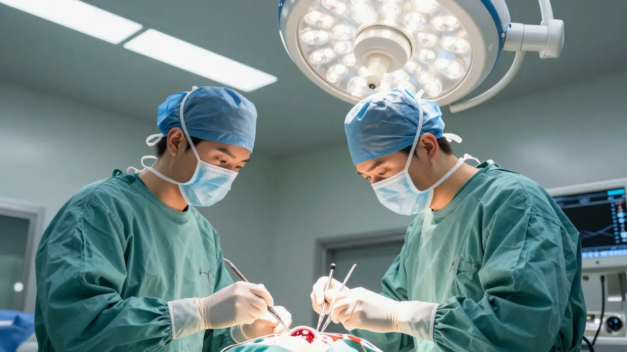 Surgeon performing early-stage lung cancer surgery in operating room