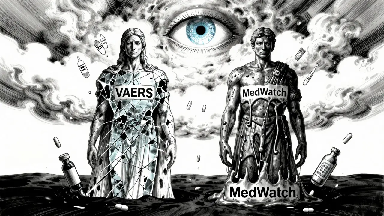 Two massive statues representing VAERS and MedWatch in a haunting landscape, watched over by a glowing celestial eye.