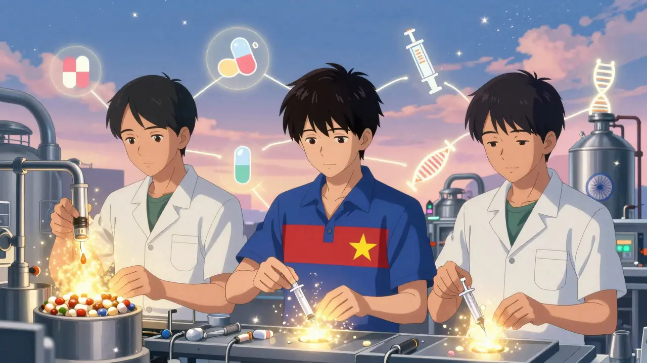 Vietnam, Cambodia, and India connected by glowing supply chains with medical icons floating in the sky